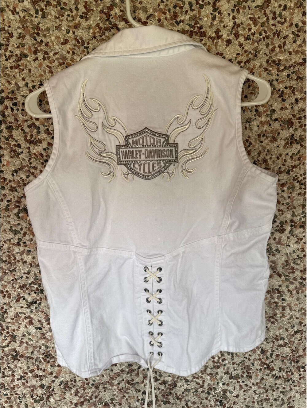 Harley Davidson White Denim Vest Corset Lace Back Flame Logo Womens M - Picture 3 of 5